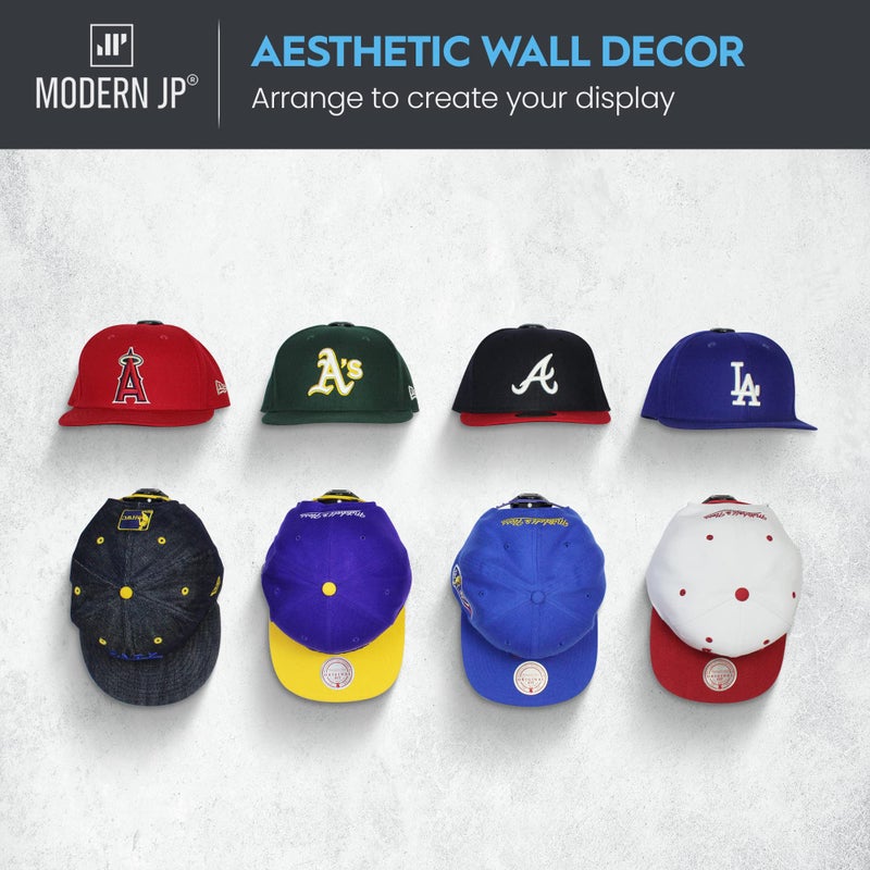 Modern JP Adhesive Hat Hooks for Wall (8-Pack) - Hat Rack for Baseball Caps, Minimalist Hat Display, Strong Hold Hat Hangers for Wall - USA Patented, Black - Image 2